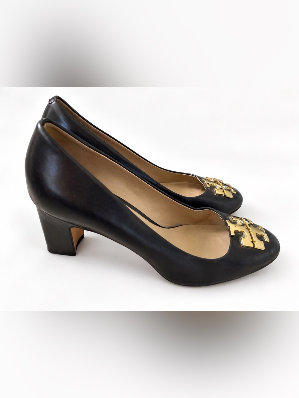 Tory Burch Black Leather Wedge Pumps Gold Double T Logo Women’s Size 7.5M